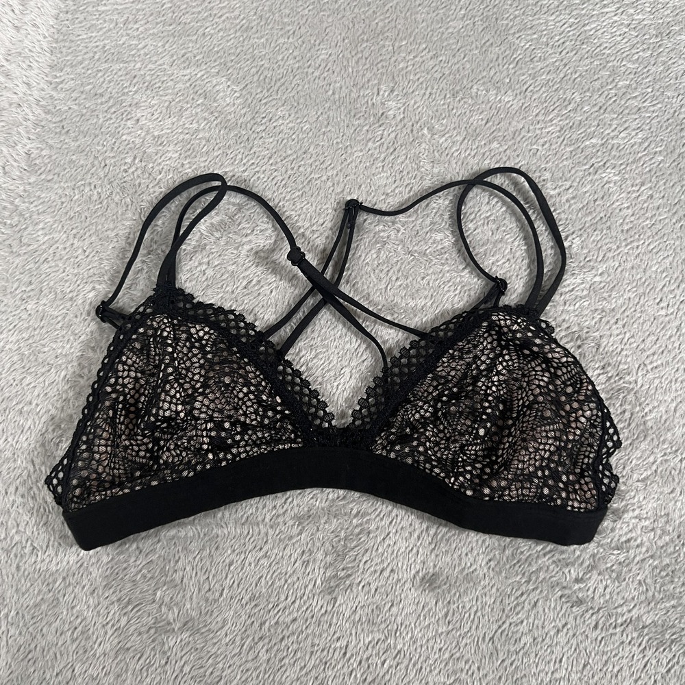 Victoria's Secret Bralette Womens XS Black Lace Strappy Triangle Sheer‎ Mesh
